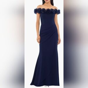 XSCAPE Floral Appliqué Off the Shoulder Gown NWT size 10 Navy Blue